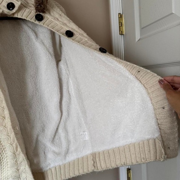 Cable knit faux fur hood cardigan Medium Y2K Cream Brown - Picture 6 of 7